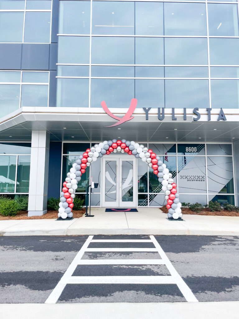 Classic Balloon Arch for Ribbon Cutting event for Yulista in Huntsville Alabama