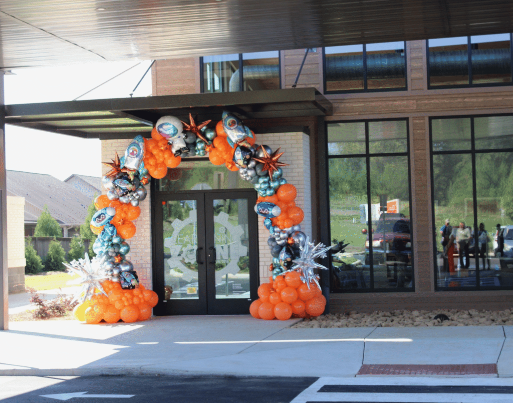 Corporate balloon arch for a ribbon cutting celebration for The Learning Zone in Madison Alabama